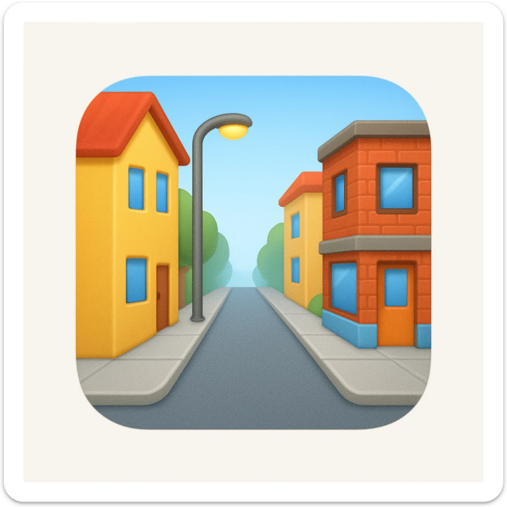 emoji of a small  street scene — a narrow road with a sidewalk, a few  buildings on the sides, and a streetlight. Soft daylight, clean design, minimal background, cheerful and detailed Apple emoji style sticker