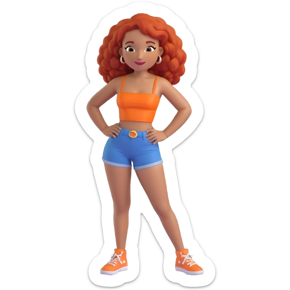 emoji of a light skinned Black woman with red hair, wearing an orange tube top and daisy duke shorts, friendly expression sticker