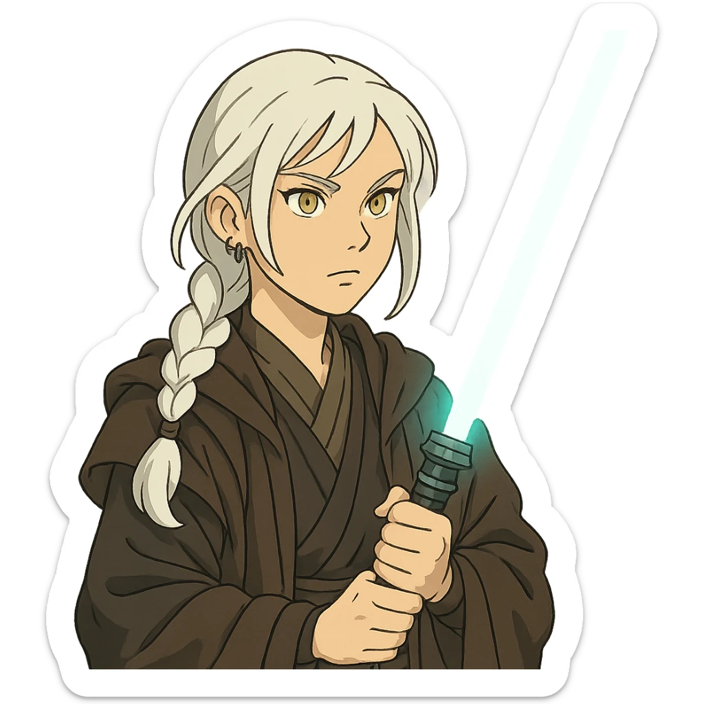  a closeup portrait of young woman with gold yellow eyes, white hair, long braid, black off-shoulder top, punk gothic style, futuristic cyberwave cyberpunk,  jedi attire and posture robes of a padawan, foreweilding a bright blue-green lightsaber sticker