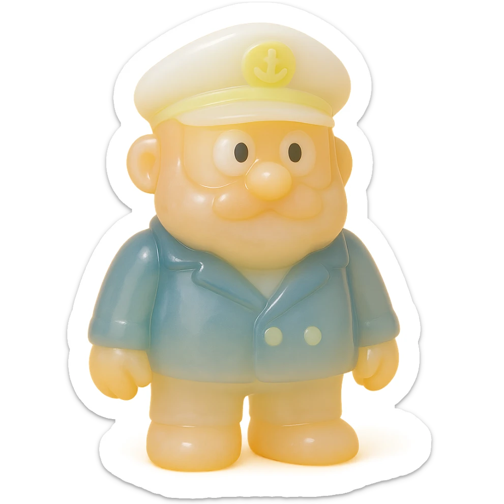 full-body boat captain, retro 90's toy style, very transparent and slightly see-through, natural tan skin, white captain's hat, navy jacket, derpy eyes, soft plastic texture, soft reflections, soft and squishy, some cloudiness, not shiny, highly detailed, appealing, no tag, no background, match style and proportions of provided pirate reference sticker