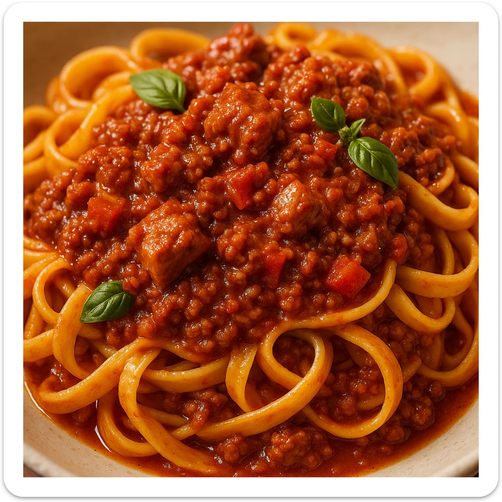 close-up of appetizing pasta bolognese with diced meat, vibrant colors, no text sticker
