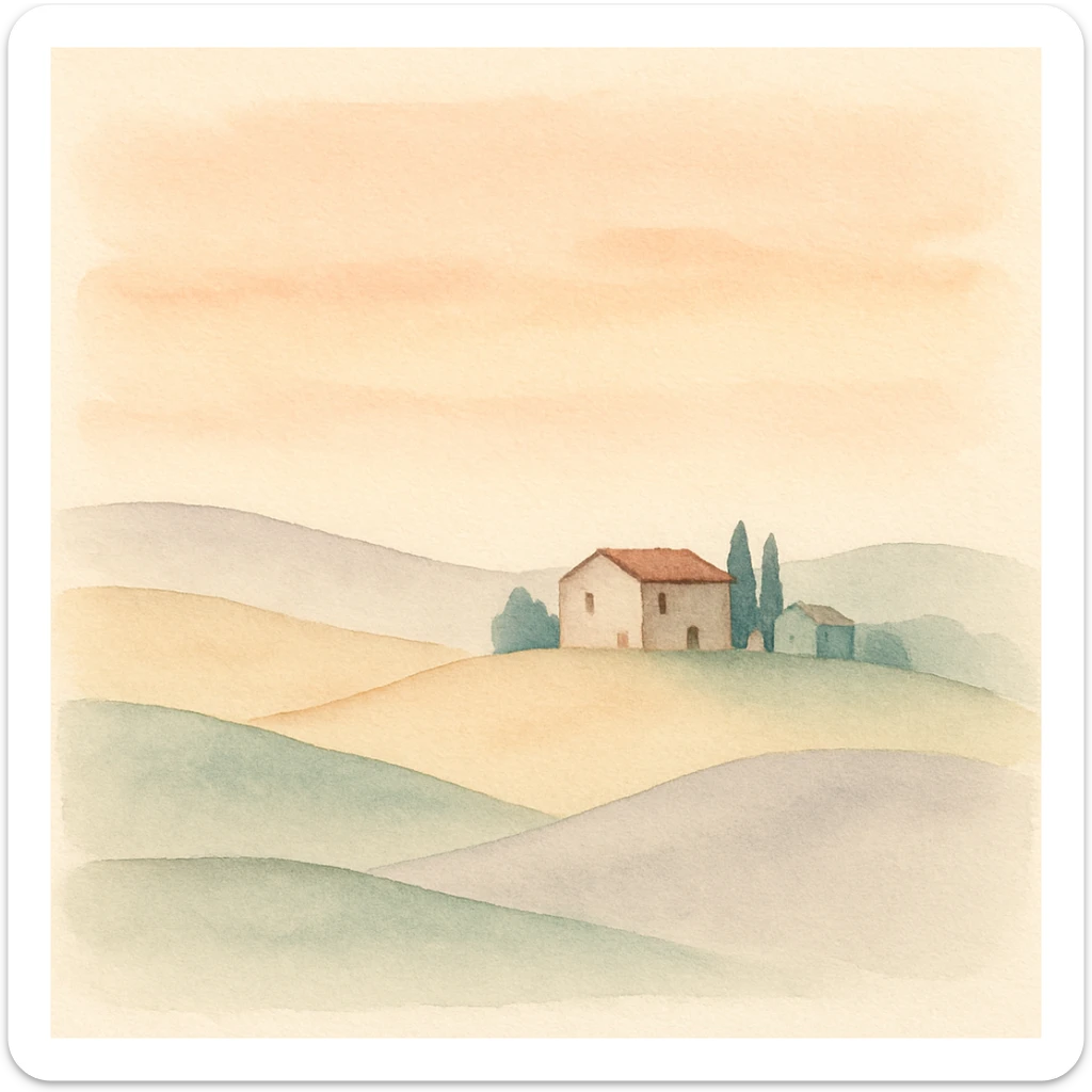 Tuscany countryside at sunset, soft orange and pink sky, gentle hills, distant farmhouse, impressionist style sticker