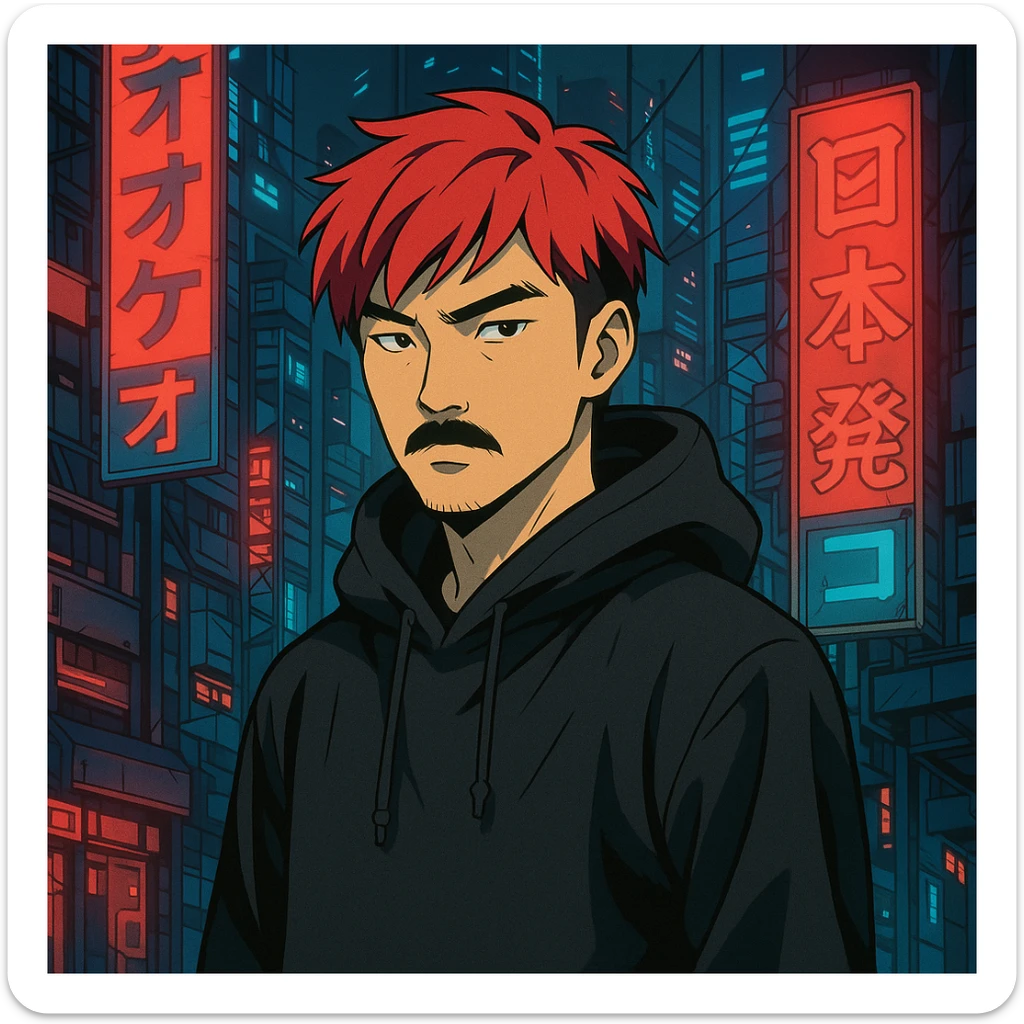 Asian man with black mustache, red hair, black hoodie, futuristic city background, Japanese cyberpunk anime style sticker