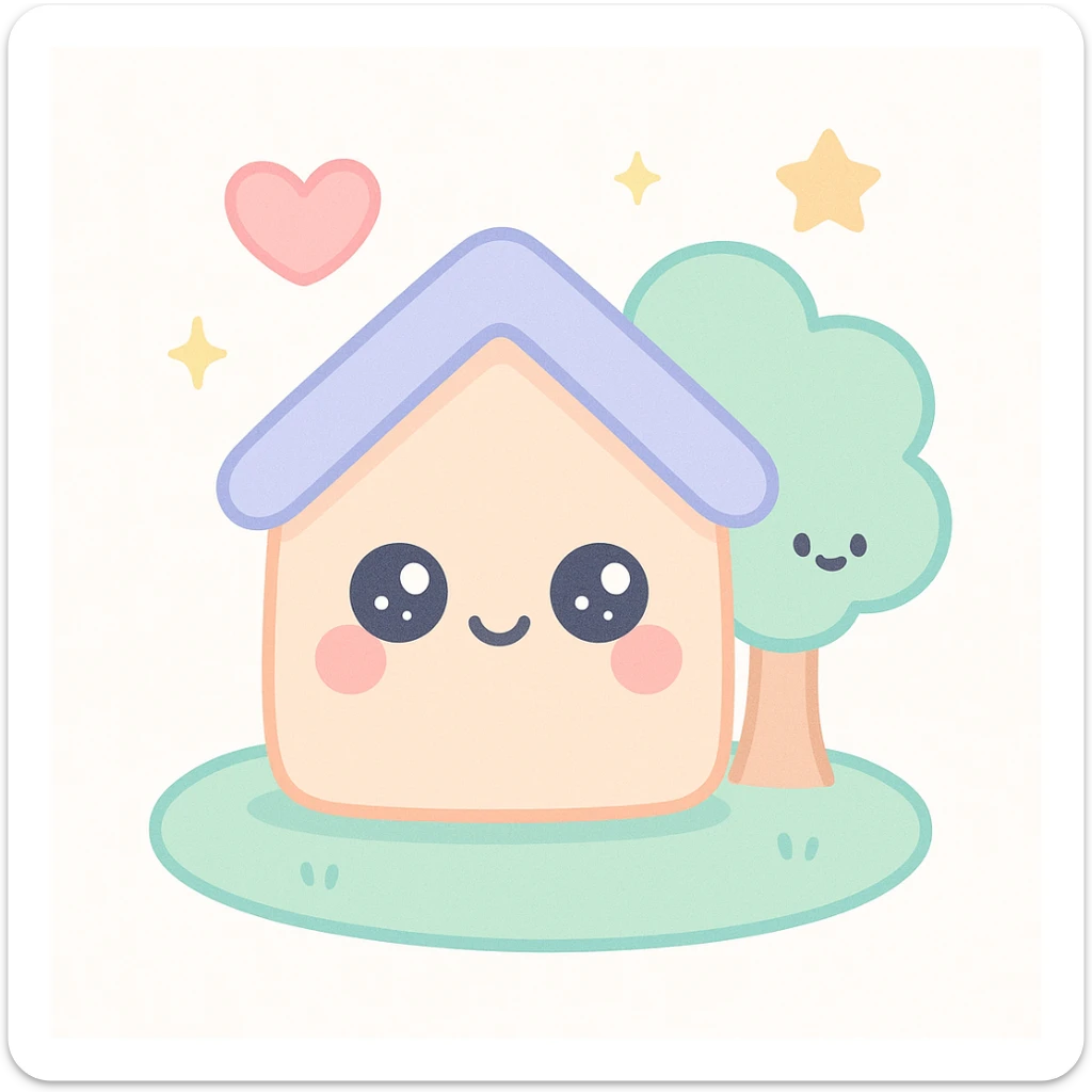 cute house with a tree, green grass, heart above, golden star in the background, kawaii style, symbolizing youth-led community impact and rewards sticker