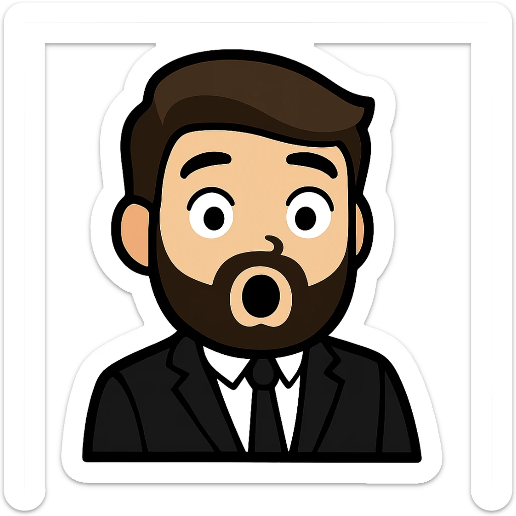 Create a simplified, vector-style Twitch emoji version of the person in the photo. Focus on the face and upper torso, dressed in a suit, with a surprised expression. Background should be transparent and the style should be clean and minimalistic, suitable for Twitch emoji use. sticker
