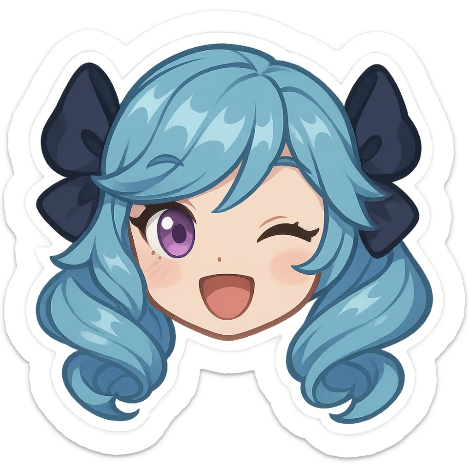 Gwen from League of Legends, happy expression, head only, right eye is purple, chibi style, open mouth smile sticker