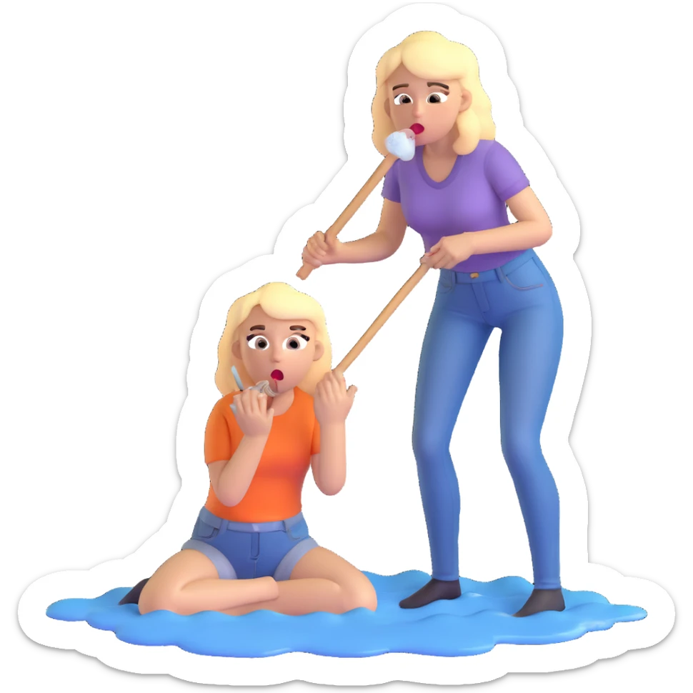 blond woman sitting on her knees with wide eyes, another man in jeans is staying (not sitting) on her left, she's holding a wide skin-colored stick with a D-shaped knob, the stick and the nob have skin texture, water squirting from the knob into her mouth, shocked face sticker
