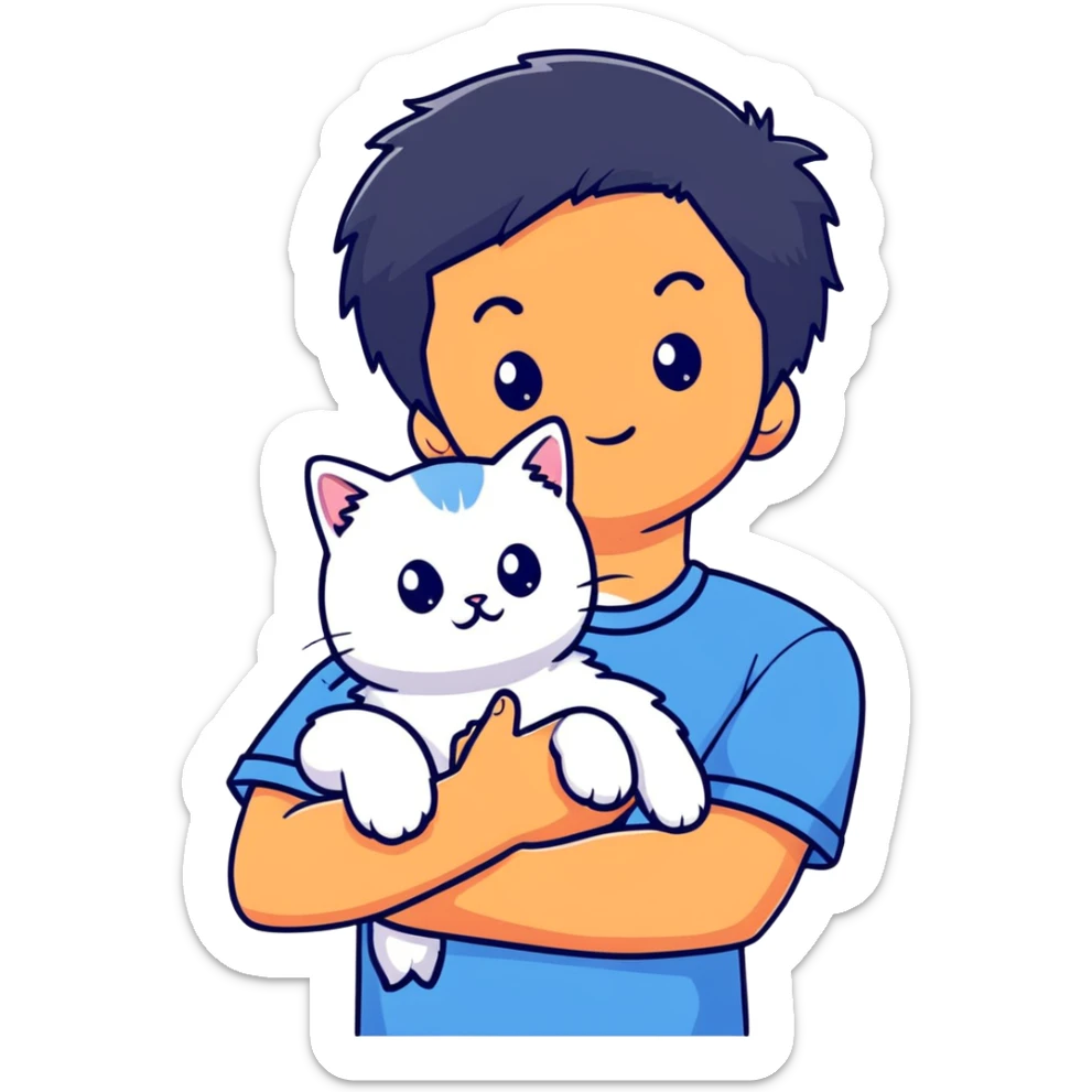 teenage boy with black hair wearing blue short sleeve shirt holding a white ragdoll cat sticker