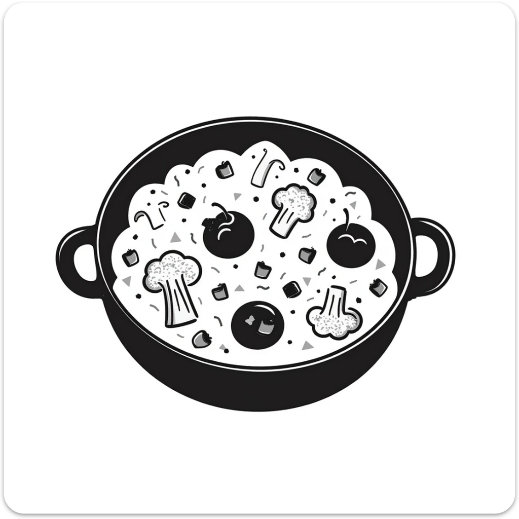 cheesy ground beef and cauliflower casserole with jalapeno and red capsicum in a skillet pan, hand drawn style, visible cheese and vegetables sticker