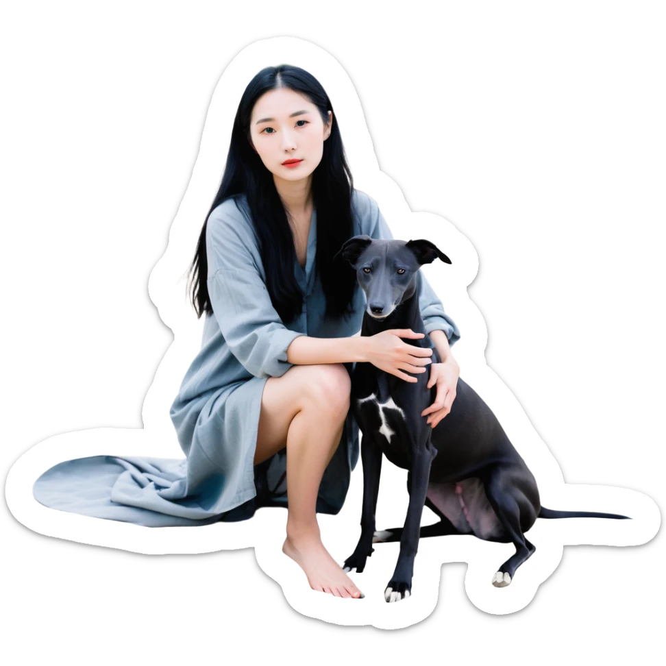 A very beautiful and attractive 25-year-old Chinese woman with long flowing black hair and a SOLID DARK GREY whippet sitting together on a beach during a beautiful sunset. The whippet MUST be COMPLETELY SOLID DARK GREY with ABSOLUTELY NO WHITE MARKINGS ANYWHERE - no white chest, no white face, no white paws, no white tip on tail - ENTIRELY ONE SOLID DARK GREY COLOR throughout the entire dog. Orange and red sunset sky over the ocean, sandy beach in the foreground. sticker