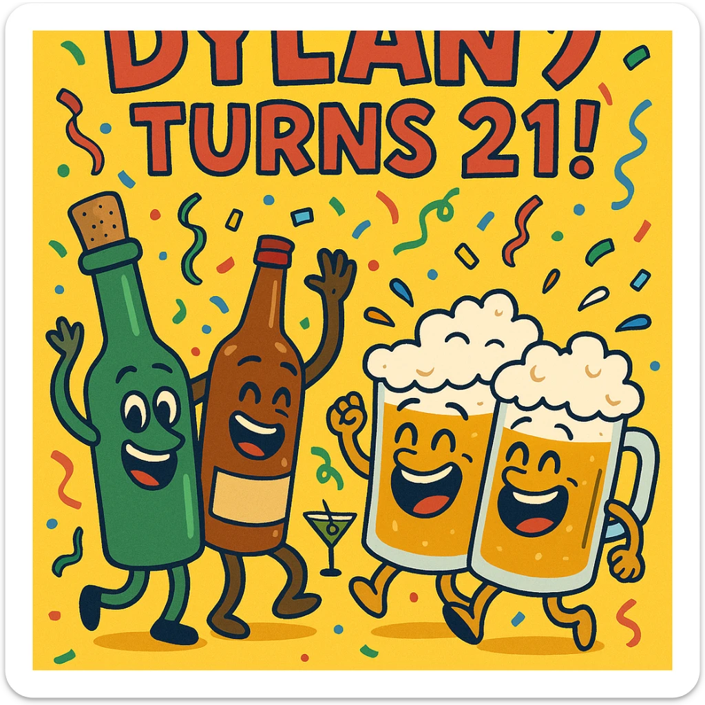 Digital birthday card for Dylan's 21st birthday with a wild party vibe, cartoon alcohol characters like dancing bottles and laughing beer mugs, headline 'Dylan Turns 21!', bright festive palette, and a humorous message about legal drinking. sticker