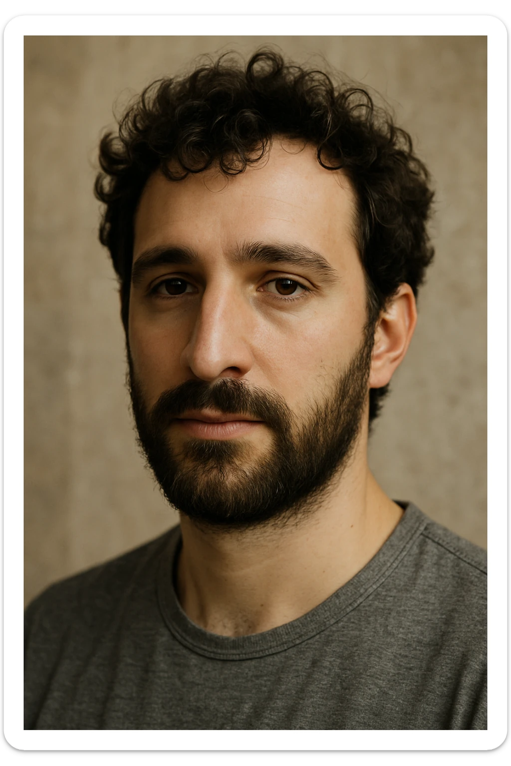 portrait of an attractive white man with curly dark brown hair, beard, slightly large nose sticker
