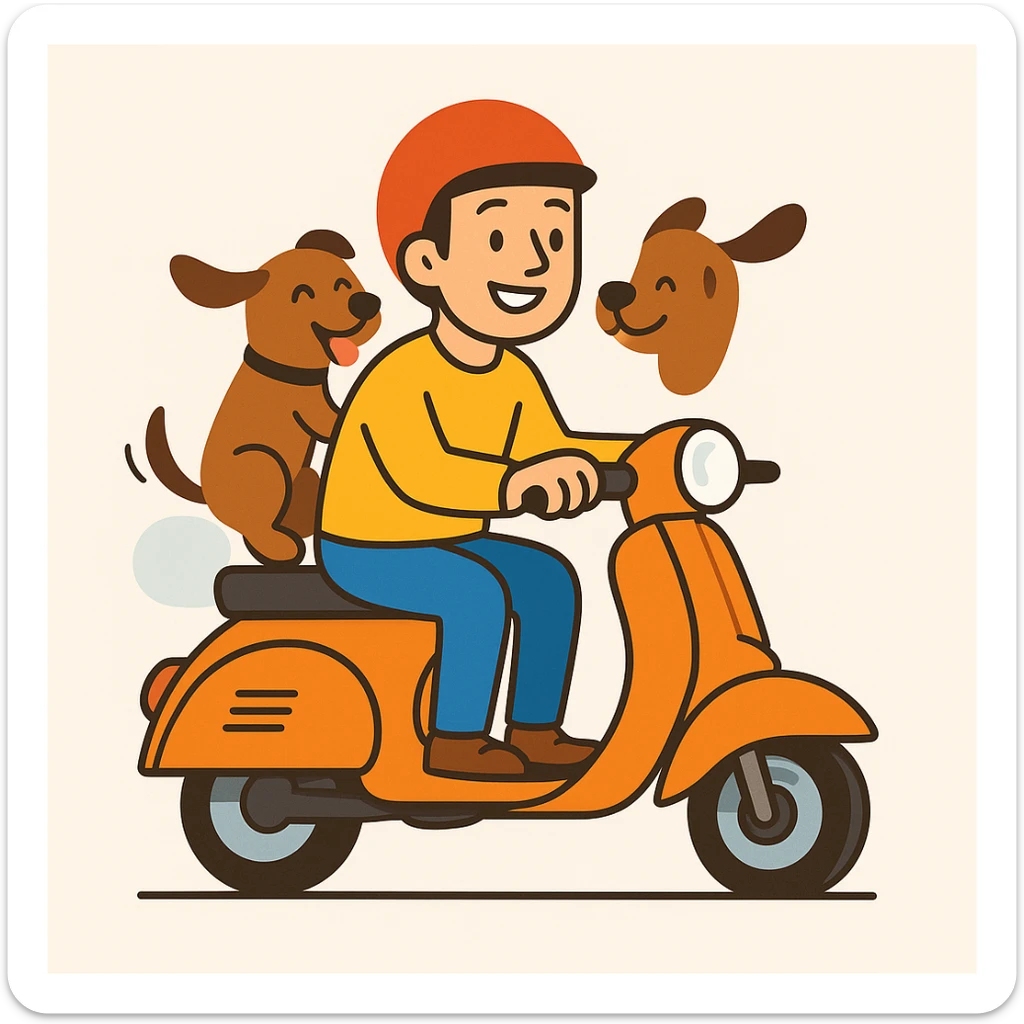 vector art of a man and his pet dog riding a vespa, for website design  sticker