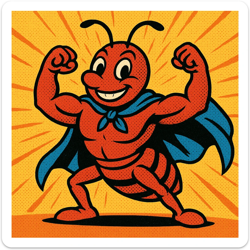 A picture of a cartoon any wearing a superhero cape and flexing its muscles sticker