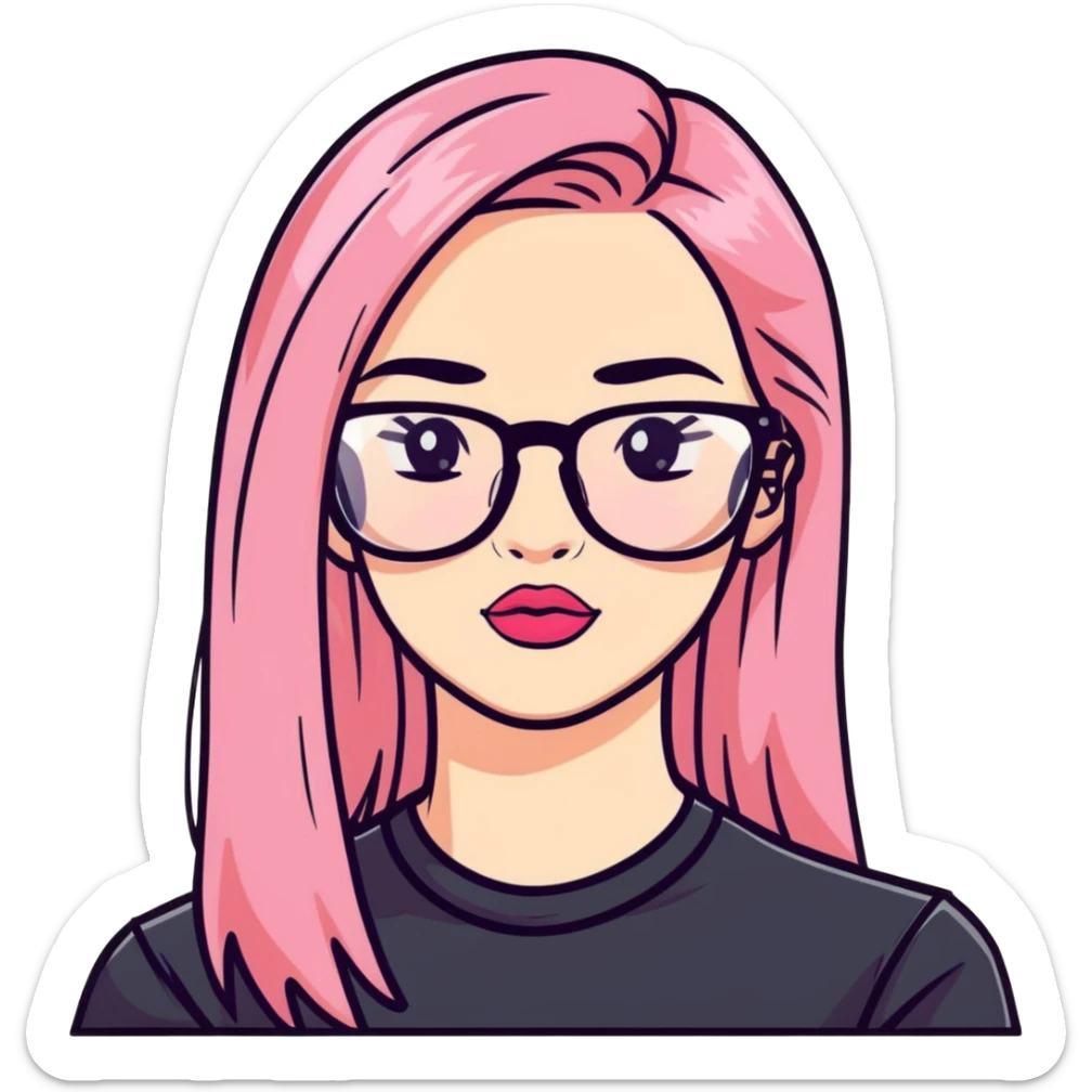 A teenage girl taking a selfie in a school bathroom. She has long, straight blonde and pink-dyed hair, wears rectangular glasses and a black shirt. Her expression is neutral with glossy lips sticker