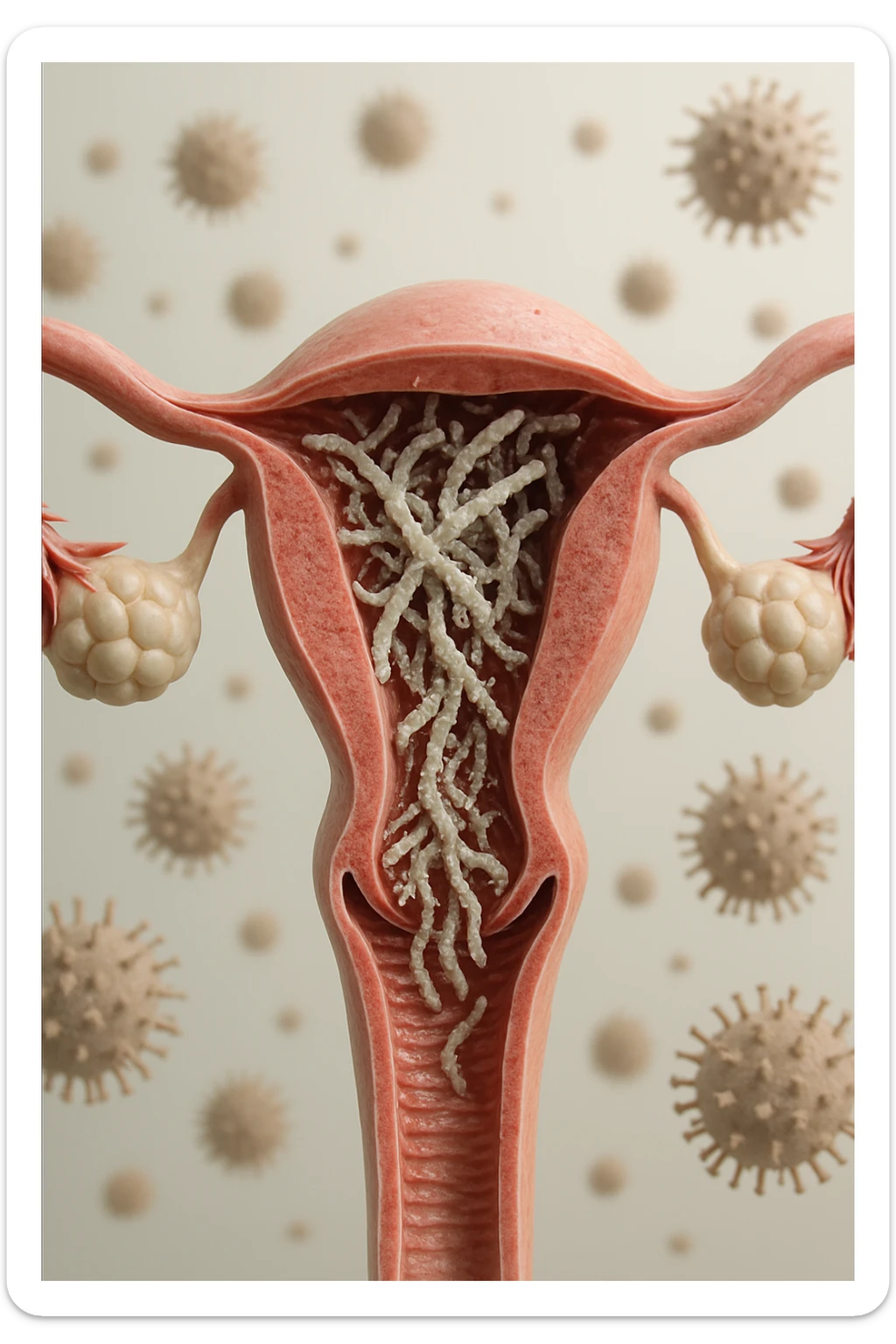 corpo umano anatomico con batteri come la candida nell'utero, sfondo neutro chiaro, iperrealistico 4k sticker