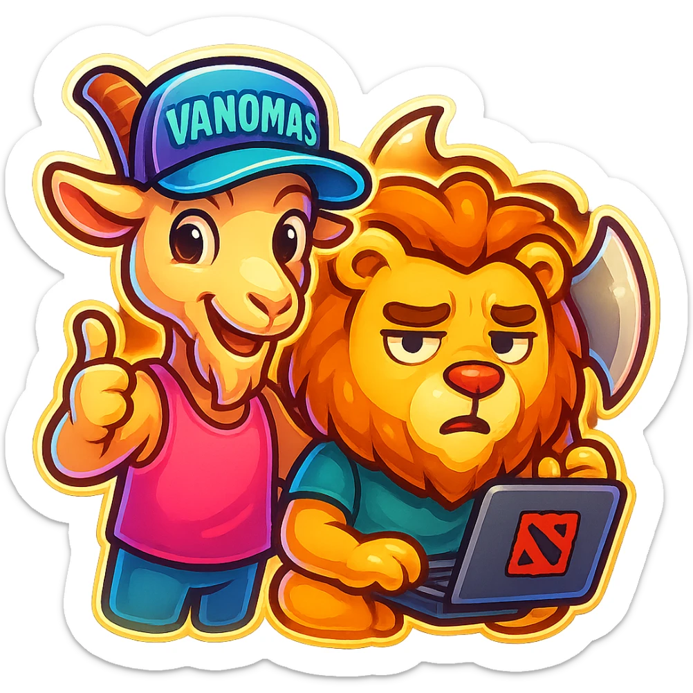 Add a humanoid goat character next to the existing subject, wearing a pink tank top and a cap with the inscription 'VANOMAS', in the style of a Telegram sticker, maintaining transparent background. sticker