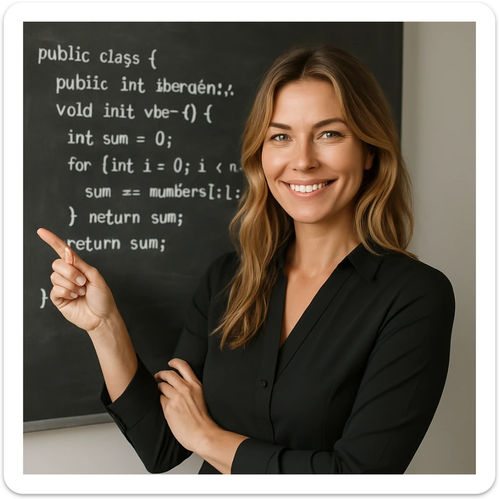 Smiling European woman, dark blonde beachy long hair, green eyes, black long-sleeved blouse, business attire, no glasses or chain, in a teaching pose, software developer sticker