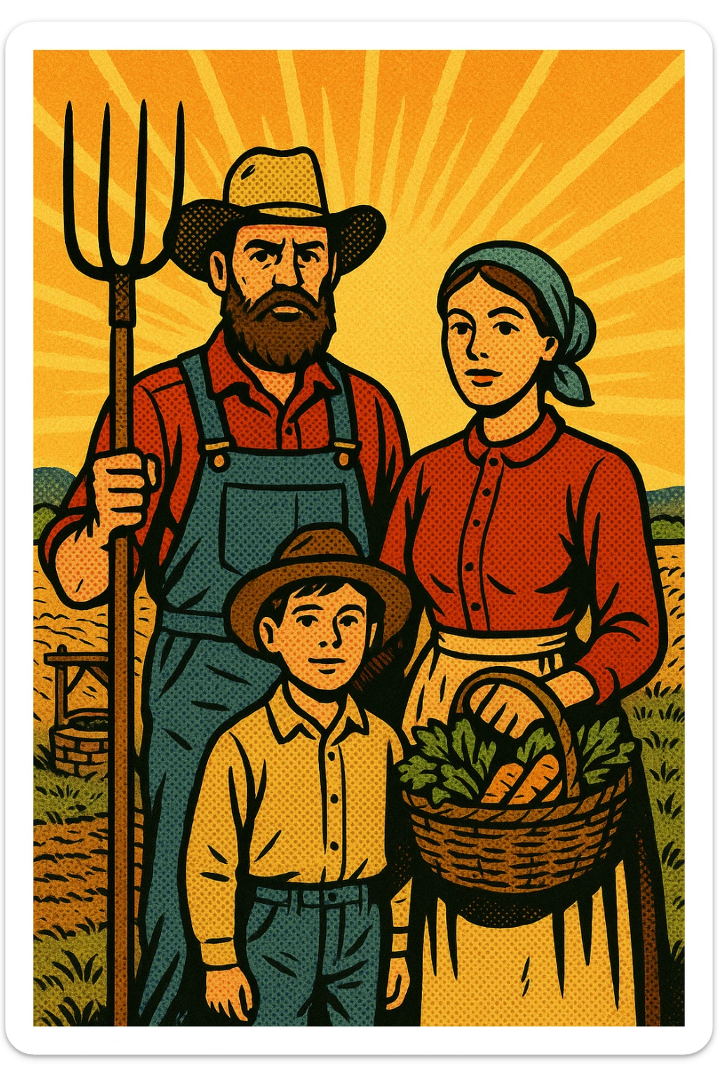 A homestead farming family from the 1860s standing in front of their sod house on the Great Plains. The father is holding a pitch fork and the mother is carrying a basket of crops. The land in the background has crops which are struggling to grow with a small well sticker