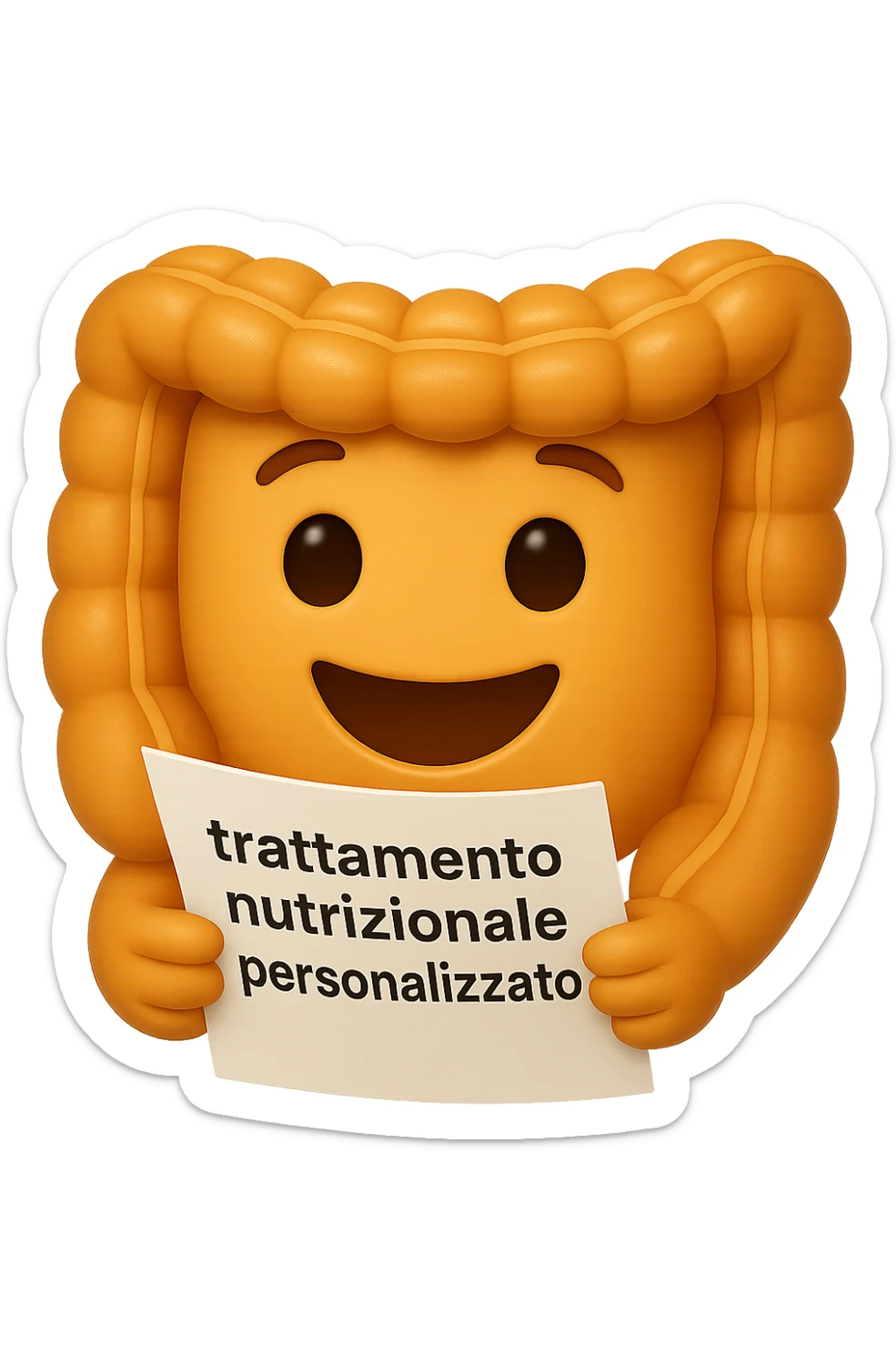 emoji stile iphone di un intestino felice che legge un foglio con la scritta "trattamento nutrizionale personalizzato", non fargli il naso, iperrealistico 4k sticker