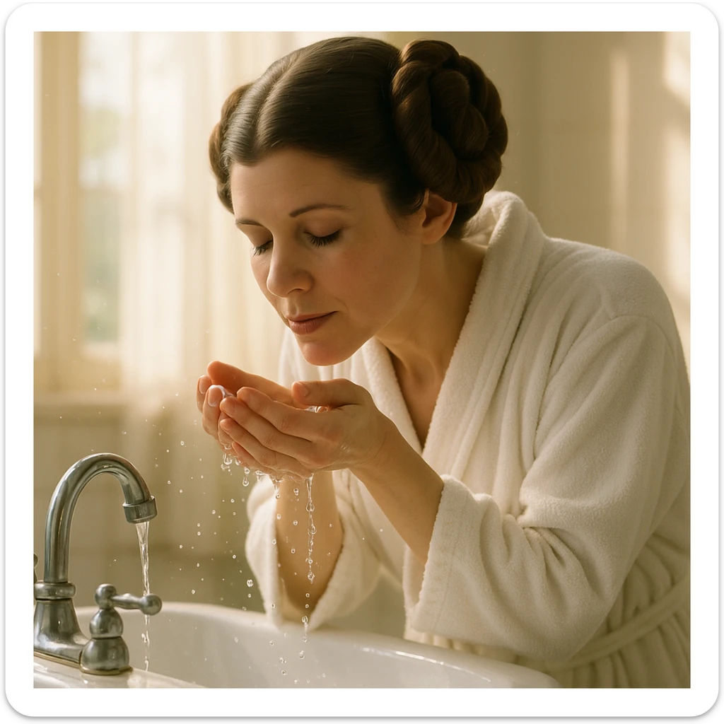 Princess Leia from Star Wars washing her face, wearing a robe, fresh and bright morning atmosphere sticker