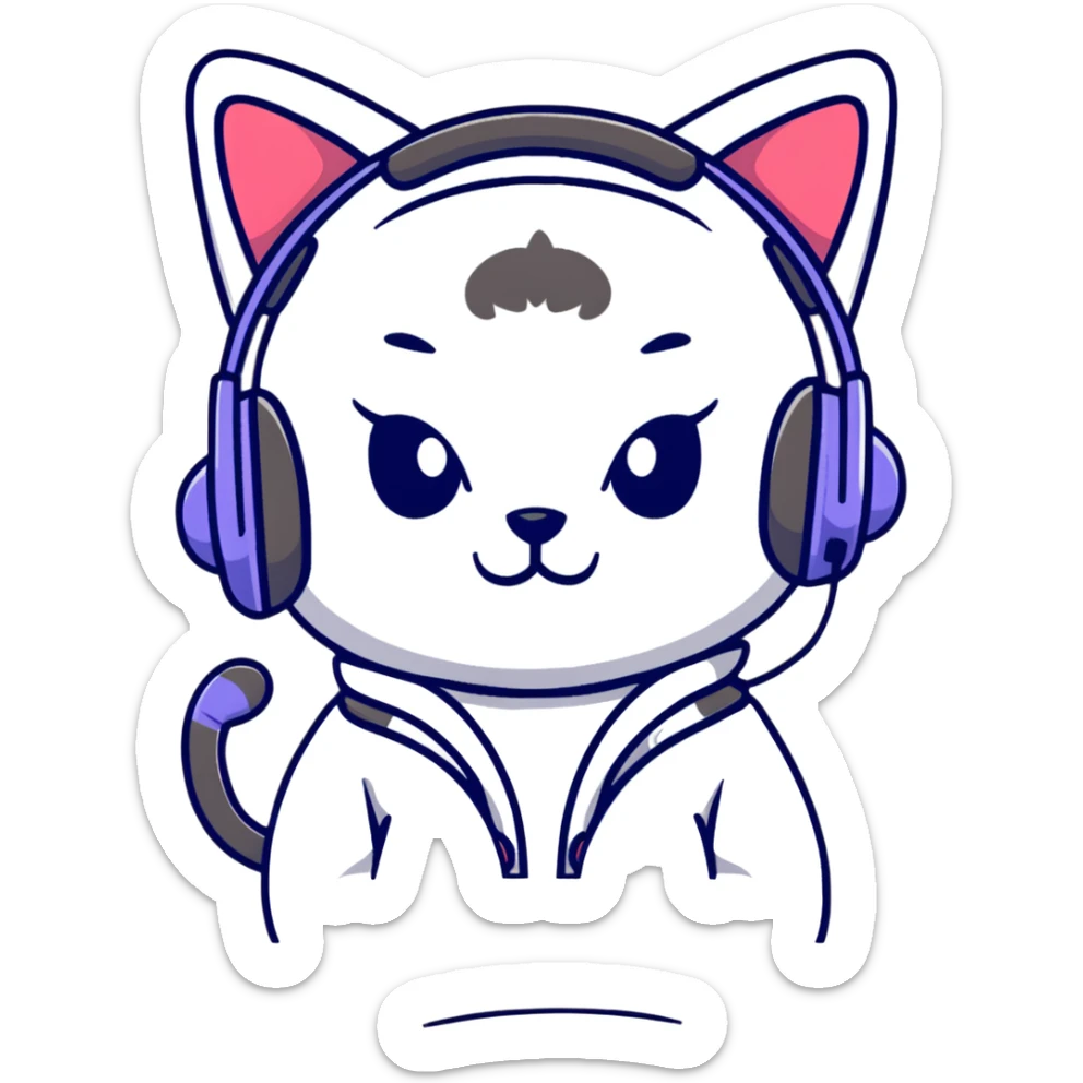 Cute anime style Japanese girl wearing colorful cat ear headphones sticker