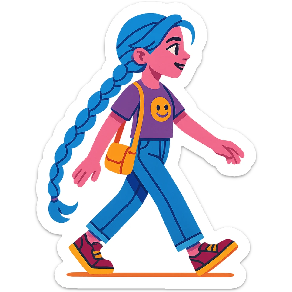 Jinx from Arcane in everyday life, jeans and t-shirt, walking on the street, vibrant toon style sticker