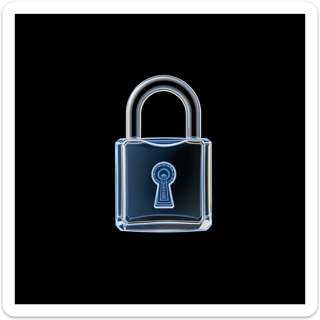 Photo of a 3d made of glass padlock, black void around symmetrical 3d render, rim light sticker