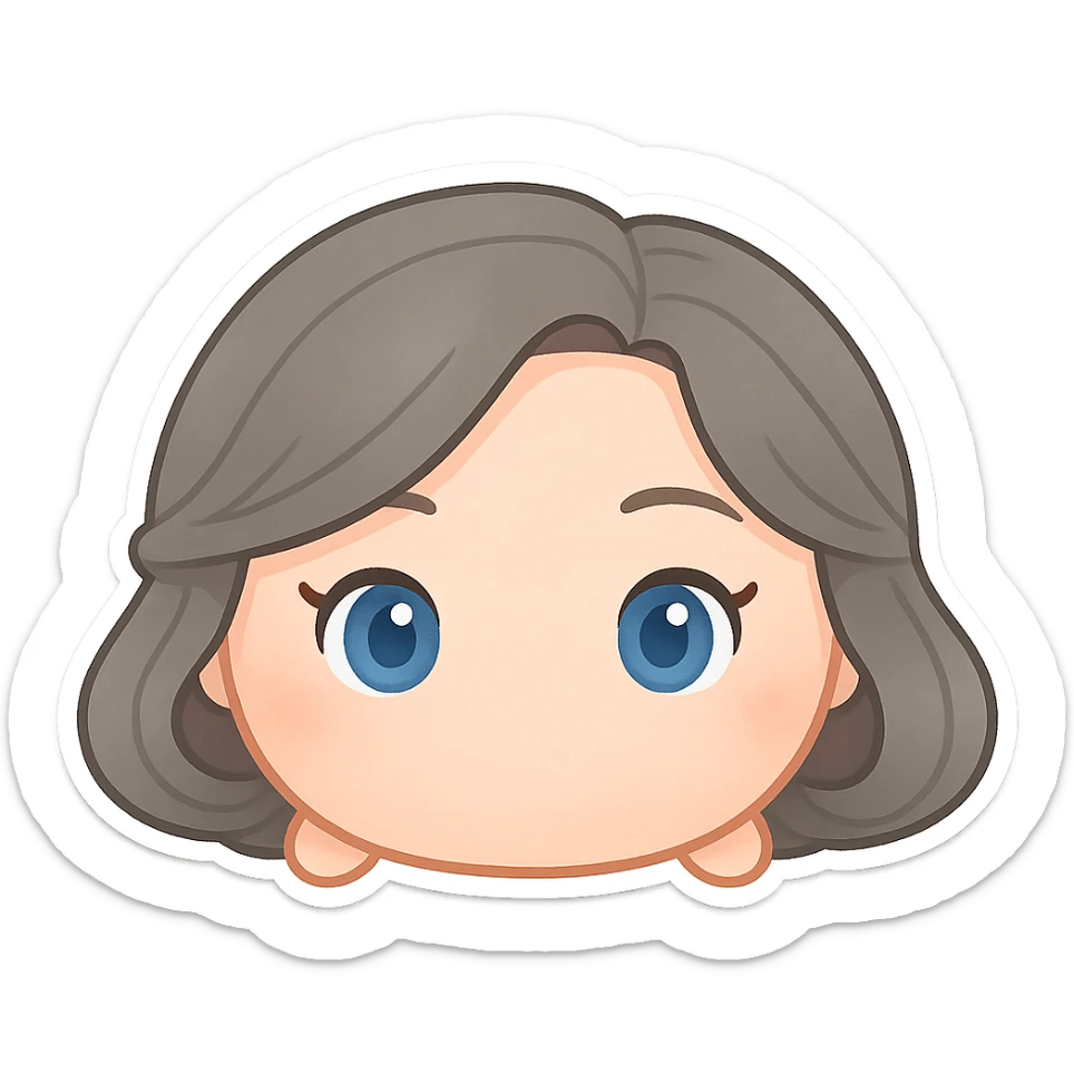female tsum tsum plush style emoji, blue eyes, grey 1940s bob hair, no body, no mouth sticker