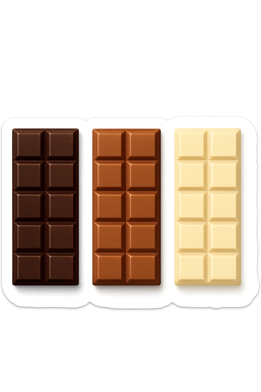 3 emoji stile iphone di BARRETTE DI CIOCCOLATO, UNA FONDENTE, UNA AL LATTE E UNA BIANCA, CON OMBRA REALISTICA, VISTE DALL'ALTO, IPERREALISTICO 4K sticker