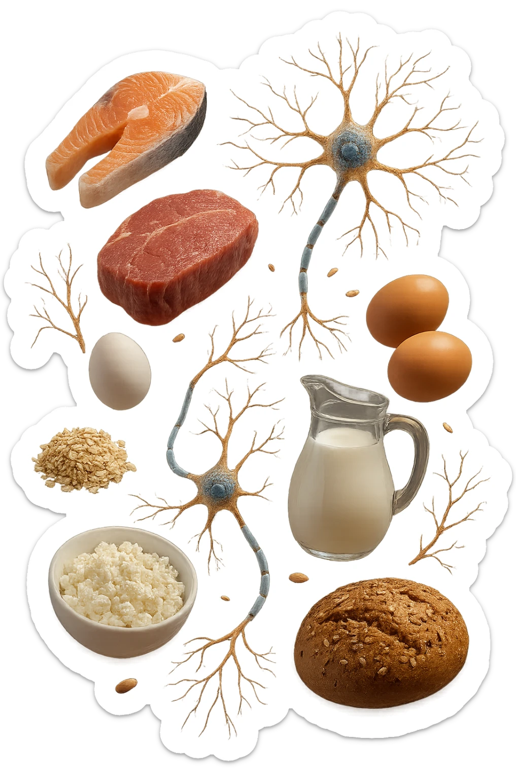 carne, pesce, uova, latticini, cereali integrali fluttuano in aria insieme a neuroni umani anatomici realistici, iperrealistici 4k sticker