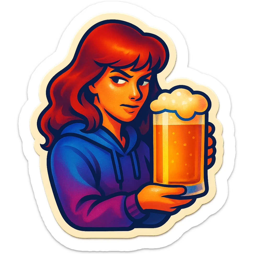 A sticker of a female stalker with a glass of beer sticker
