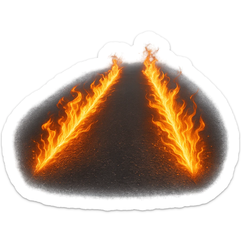 fiery tire marks on asphalt, glowing orange and yellow flames, Back to the Future style, no car, just the trails, dramatic, no background sticker