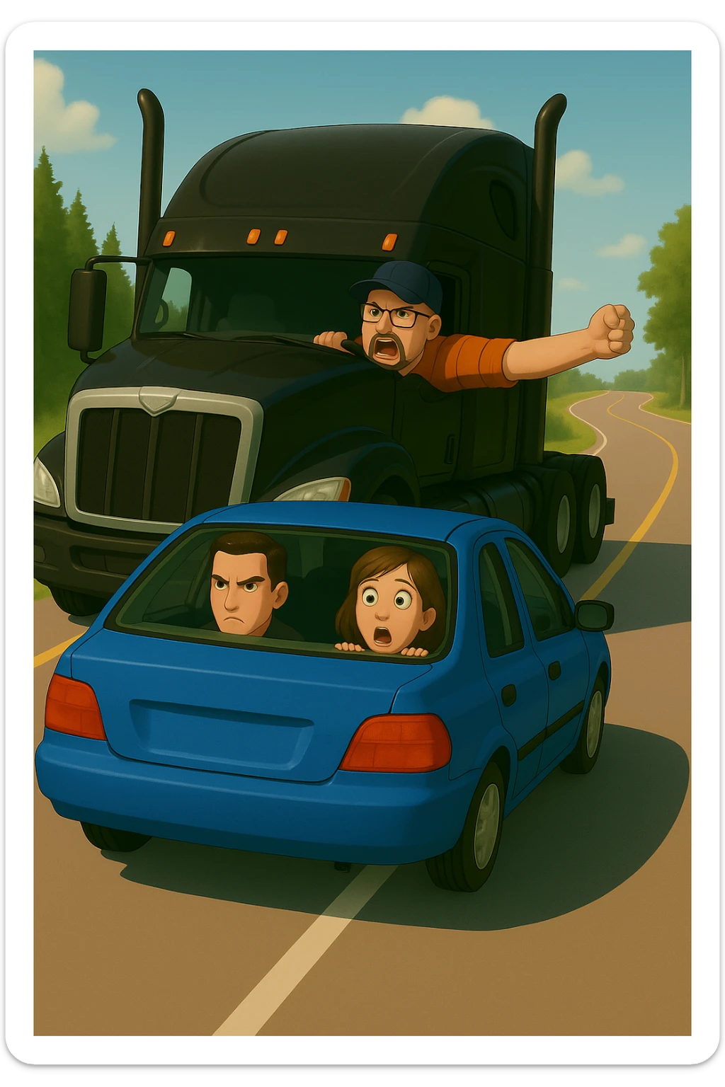 Add a baseball cap to the angry, bald truck driver with glasses and orange shirt, arm out the window. Keep the scene bright and vibrant, with a person in the car in front. sticker