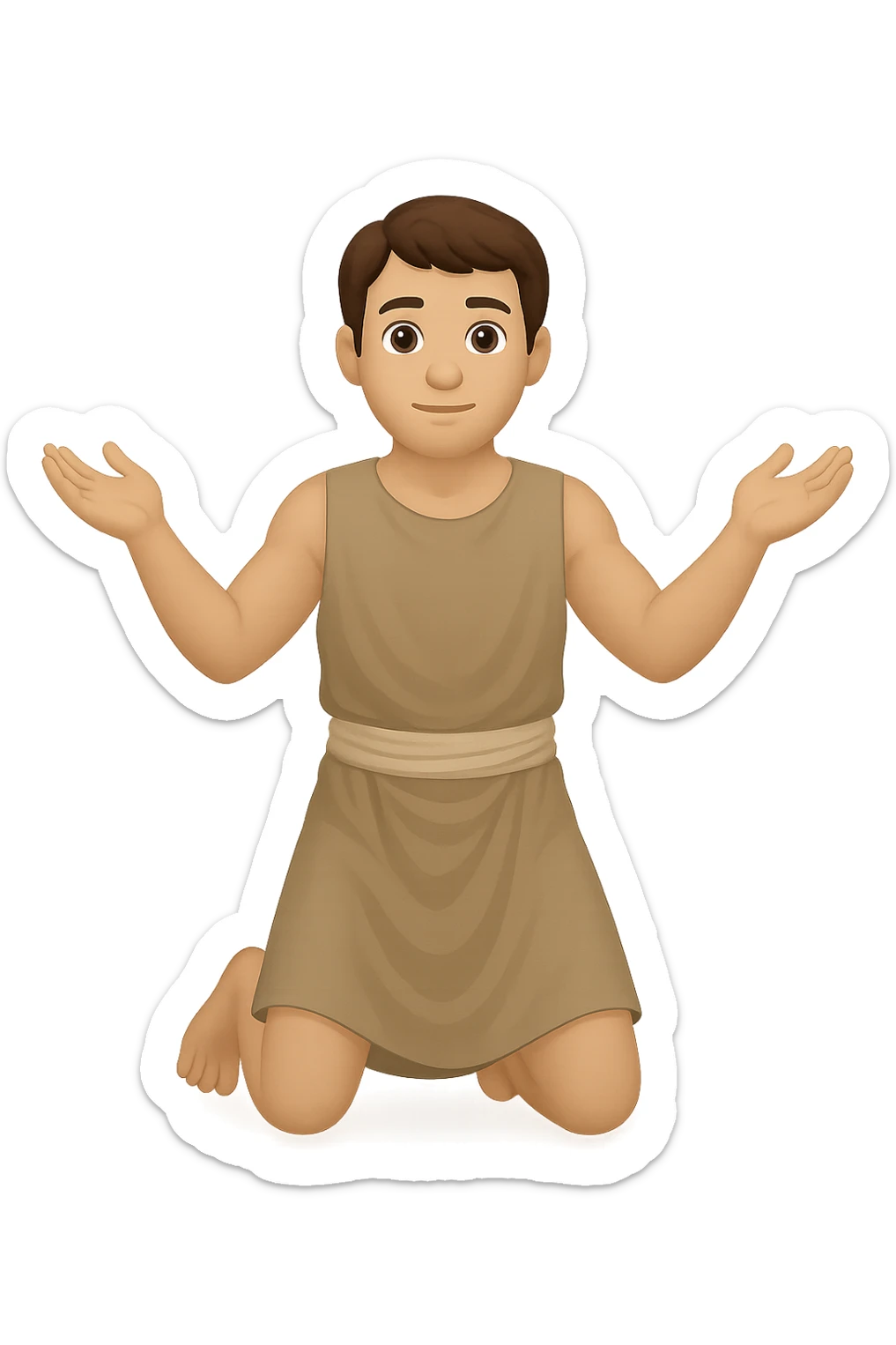 Remake this emoji in apple emoji style with brown hair and no silver handbands, fullbody apostle kneeling pose, new variation 5. Maintain the apple emoji style look and details. sticker