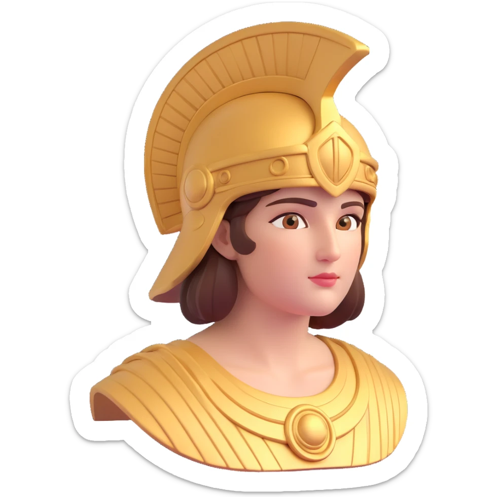 close-up 3D avatar of the goddess Athena, detailed face, classical Greek features, helmet, wise expression sticker