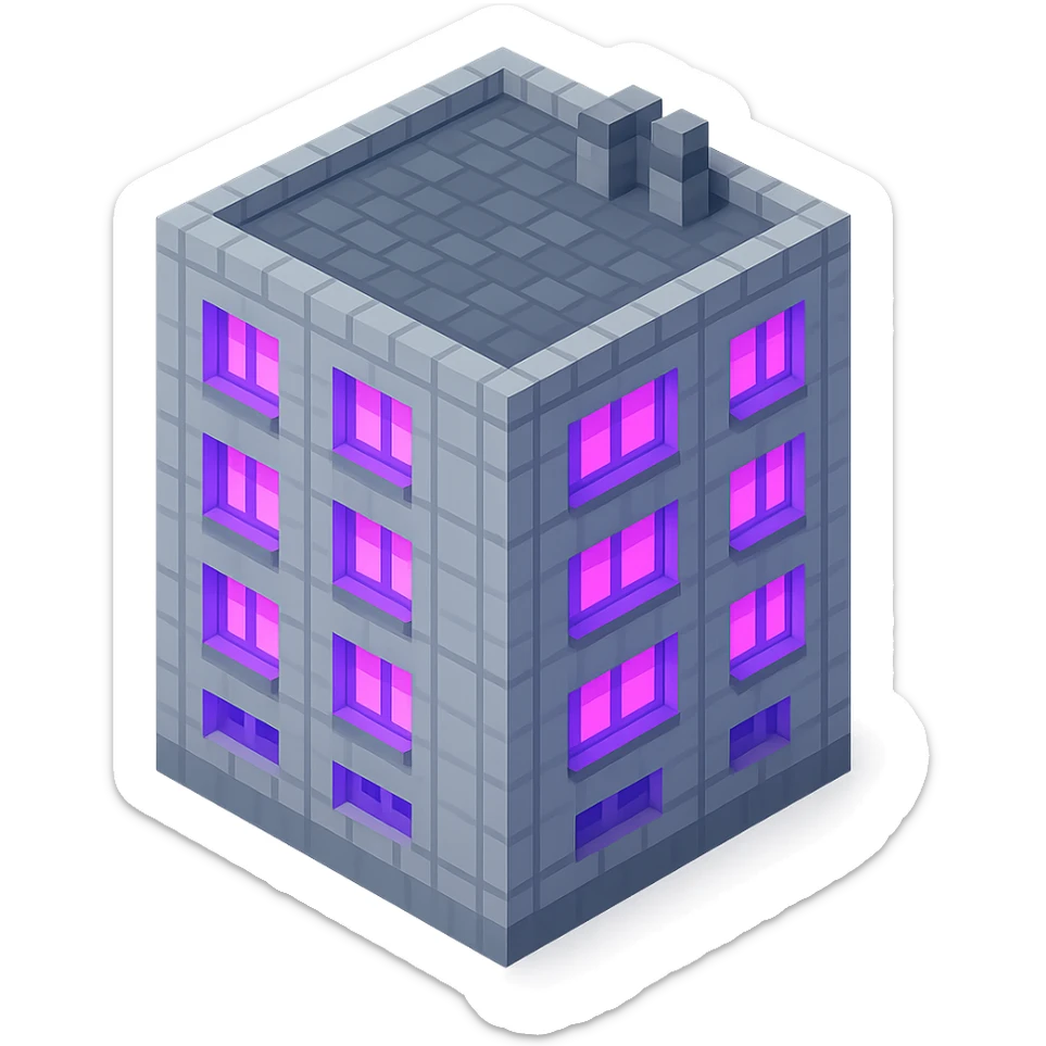 Russian panel apartment building, square block shape, light gray concrete, windows glowing with ultraviolet color, isometric view sticker
