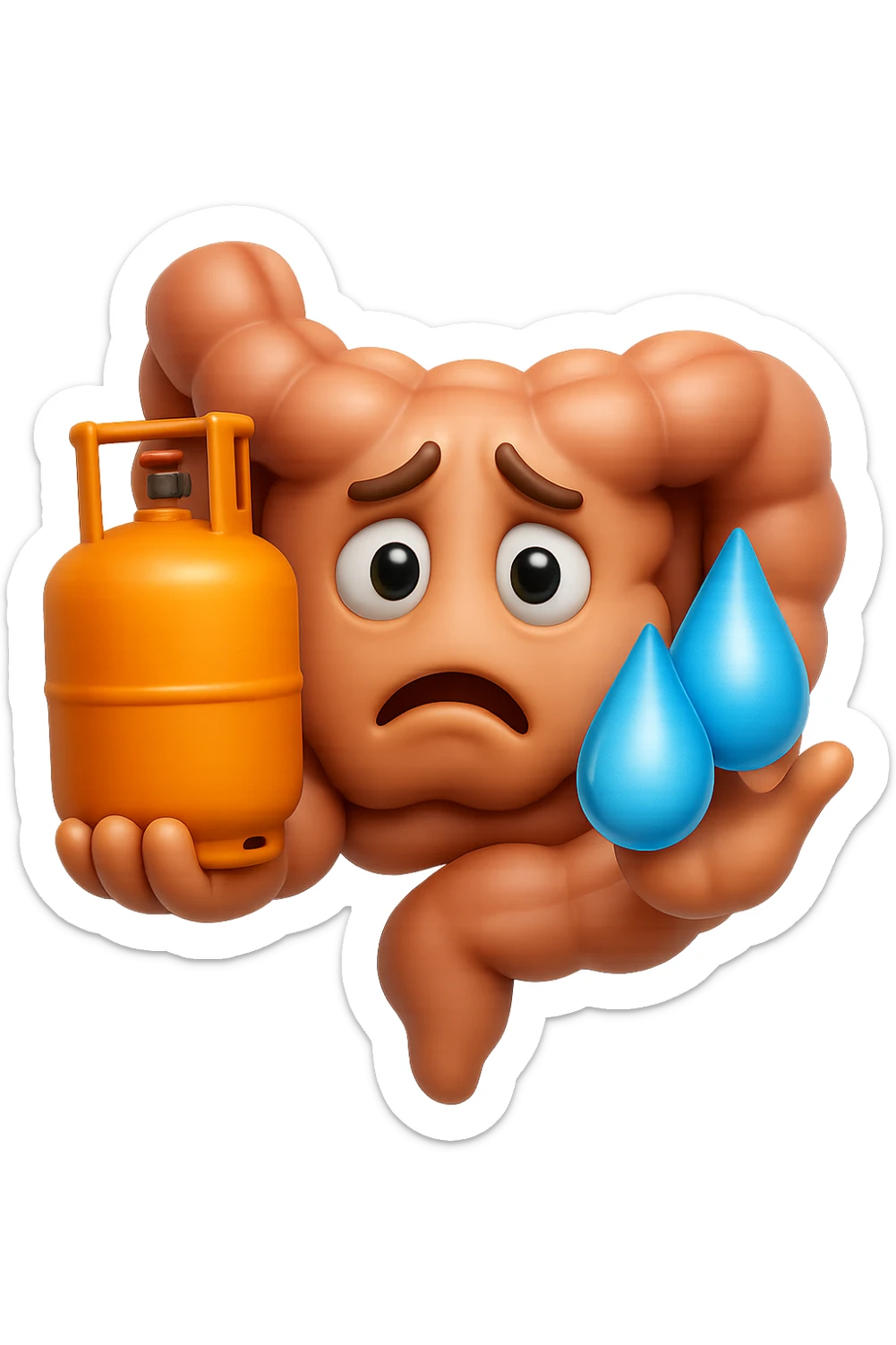 EMOJI STILE IPHONE DI un'intestino preoccupato che ha una bombola di gas in mano e due gocce di acqua in 3d nell'altra mano, IPERREALISTICO 4K sticker