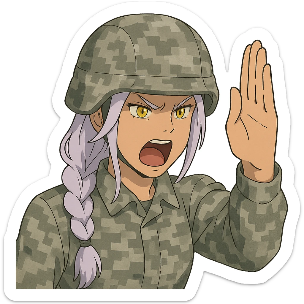 Style of Anime, 1 female, gold yellow eyes, white hair lavender tips, locks in front, mohawk, long white braid, she is a drill sergeant at work, focused facial expression, shouting command, eyes looking down in front of her, a blade hand  vertical palm gesture "to the forward" direction, uniform of gray large scale digital camo. her head is covered with a PAGS style wrapped ballistic helmet sticker
