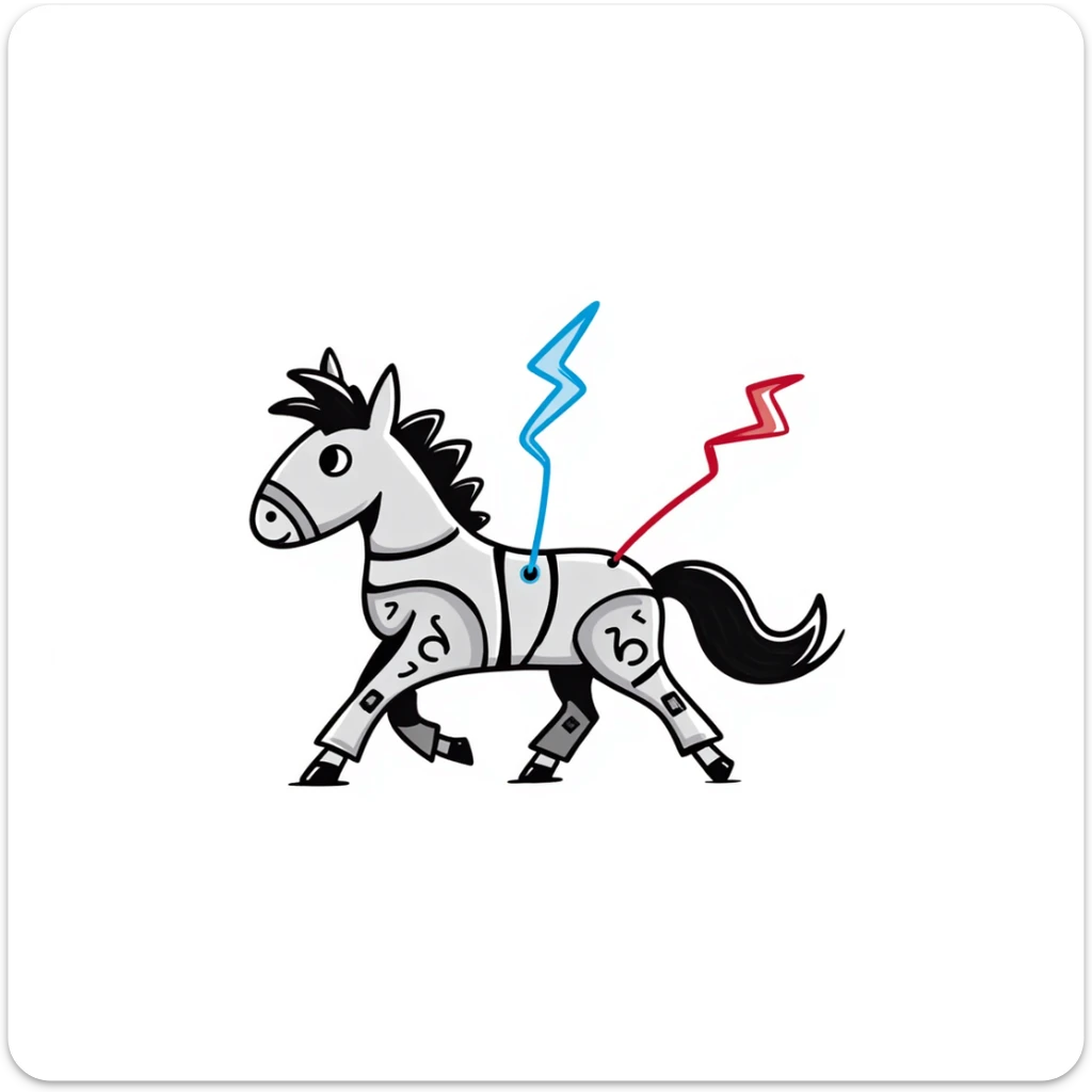 fast electric horse made of electricity, metal plates, bolts, visible blue and red wires, lightning coursing through its body, mechanical look sticker