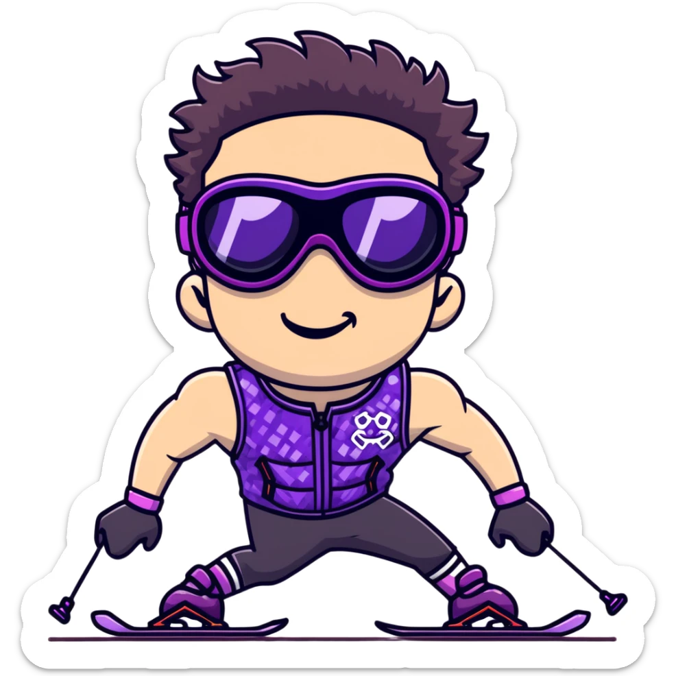 close-up of bad guy male athlete with white skin and moderately curly dark brown hair on top with shaved sides, wearing ski goggles with purple frames and very dark black lenses, a simple plain black chain necklace, and a completely unzipped sleeveless vest with purple and black sequin fire pattern design with no logo, pulling his tongue out very far in an exaggerated mocking gesture, looking menacing and villainous sticker