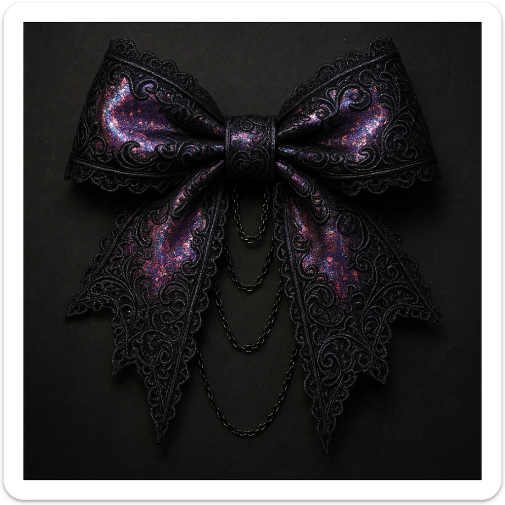 gothic lolita bow, ornate lace, holographic pink and black, delicate chains, Victorian influence, holographic effect sticker