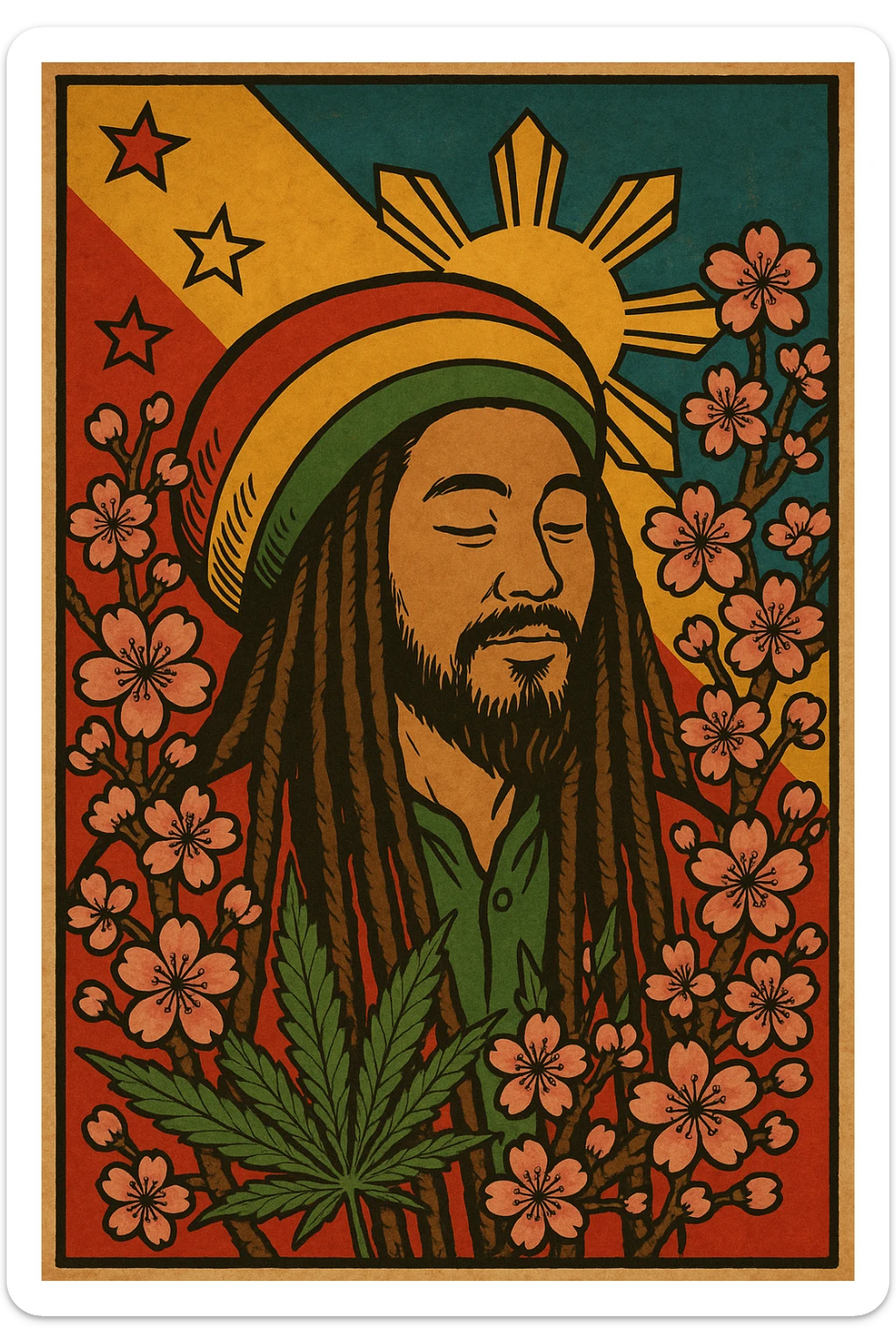 Vintage poster of an Asian Rasta with long dreadlocks, peaceful eyes, and a red-gold-green tam. Surrounded by cherry blossoms and ganja leaves. Background blends Rasta colors into an Asian flag (e.g., red sun from Japan or Chinese star). Retro reggae fusion vibe, with bold lines and aged paper texture. Philippines 
 sticker