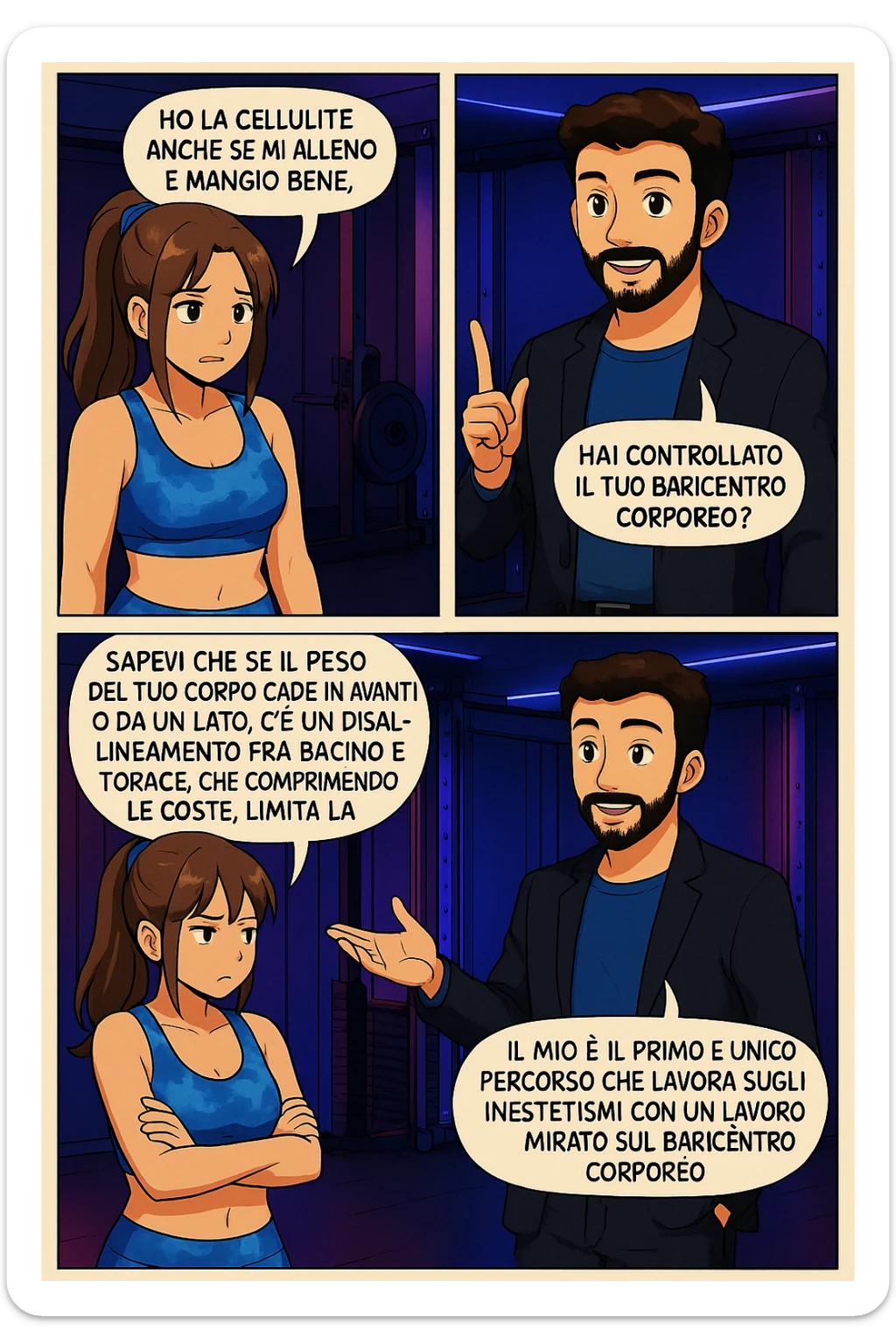 PRENDI SPUNTO DA QUESTO STILE FACENDO UN WEBTOON/MANGA:

LEI: Ho la cellulite anche se mi alleno e mangio bene, cosa posso fare?

LUI: Hai controllato il tuo baricentro corporeo?
LUI: Sapevi che se il peso del tuo corpo cade in avanti o da un lato, c’è un disallineamento fra bacino e torace, che comprimendo le coste, limita la motilità del diaframma e l’ossigenazione dei tessuti?
LUI: Il mio è il primo e unico percorso che lavora sugli inestetismi con un lavoro mirato sul baricentro corporeo. sticker