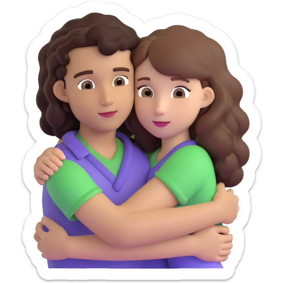 girl with long light brown hair and pale skin hugging a boy with black curly hair and tanned skin sticker