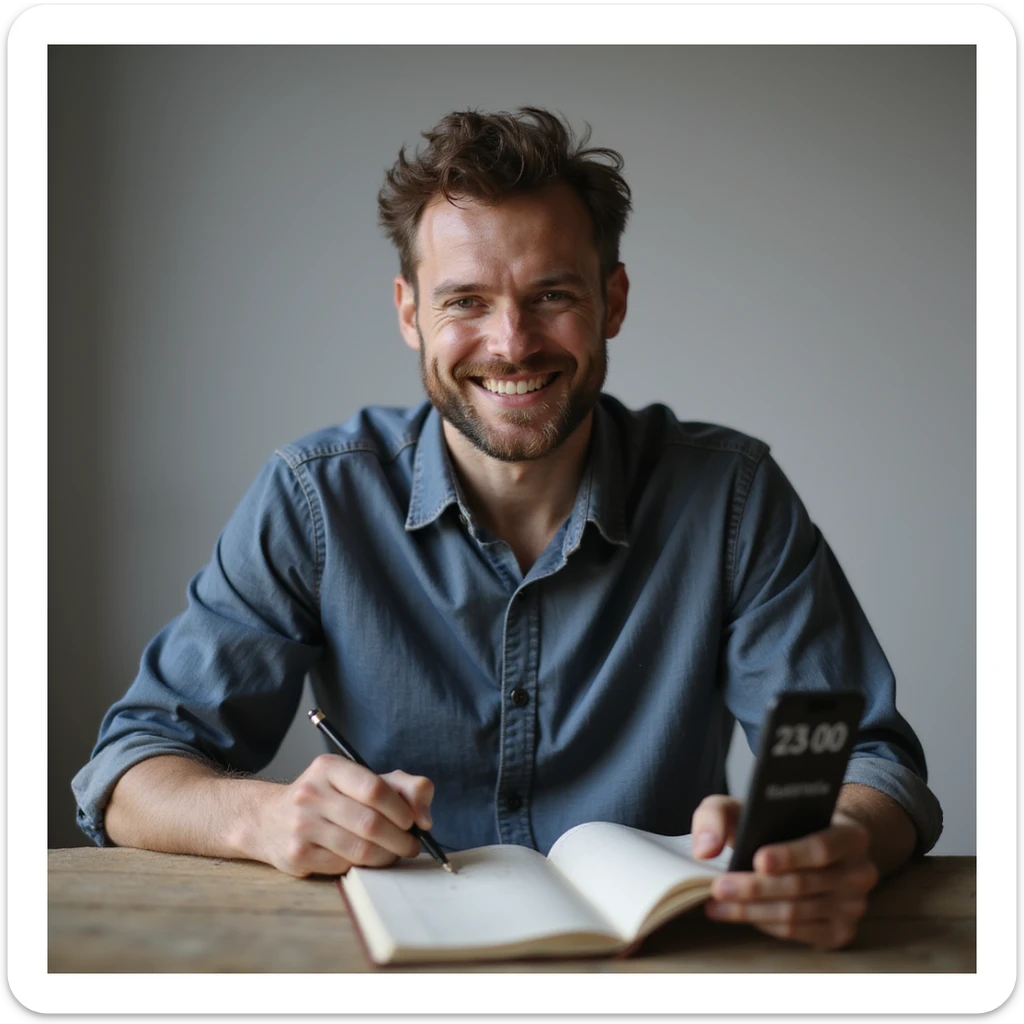 hyperrealistic 4K image of a man marking in a journal the completion of a 23-hour fast, smartphone with timer '23:00', satisfied and relaxed expression, minimalist environment sticker