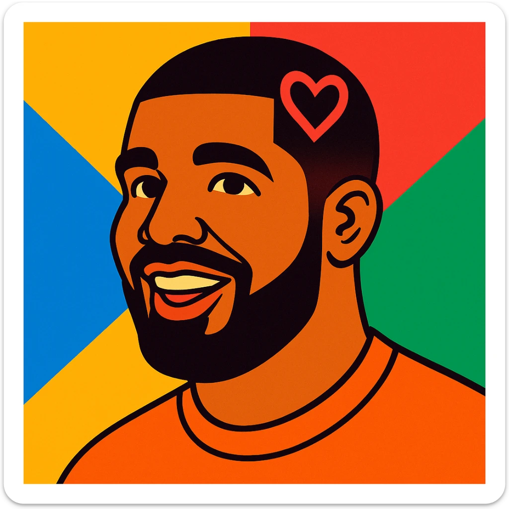 Drake's head with a heart design in his hair, vibrant toon style, colorful, expressive sticker