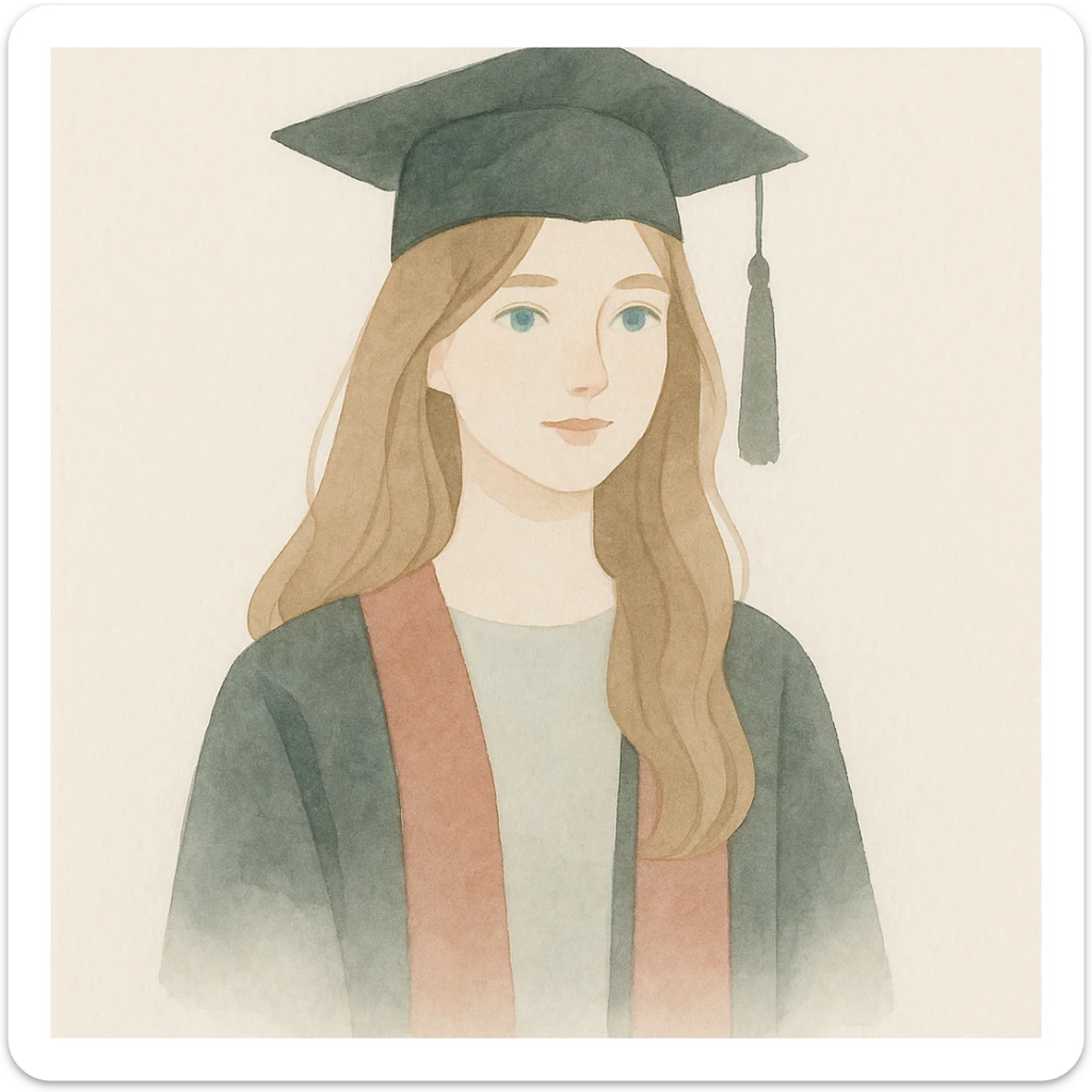 light brown haired girl with long hair, blue eyes, and pale skin wearing graduation regalia, soft watercolor style sticker