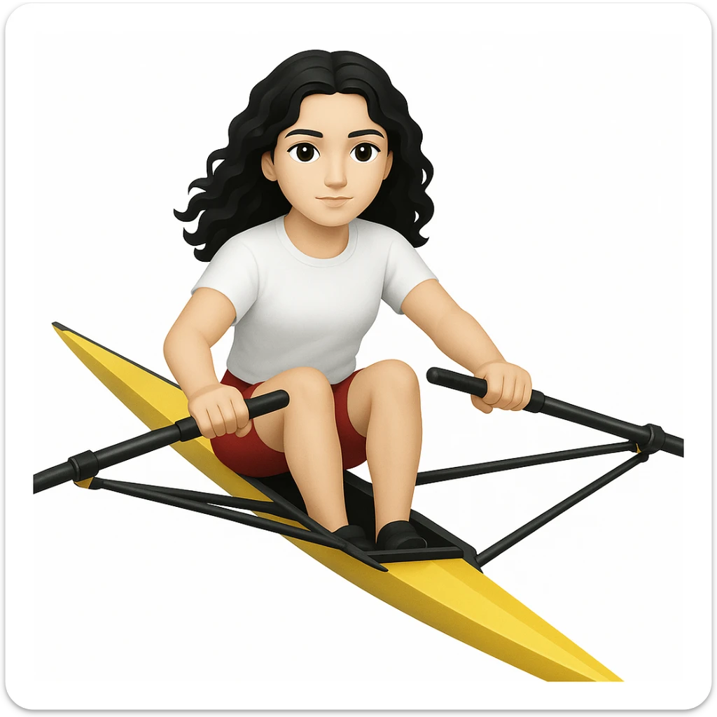 Altındaki tekneyi olimpik kürek sporu için uygun, uzun ve ince yarış teknesi olarak değiştir. Kız siyah uzun dalgalı saçlı, beyaz tenli, kırmızı şort ve beyaz kısa kollu tişörtle olimpik kürek sporu yapıyor sticker