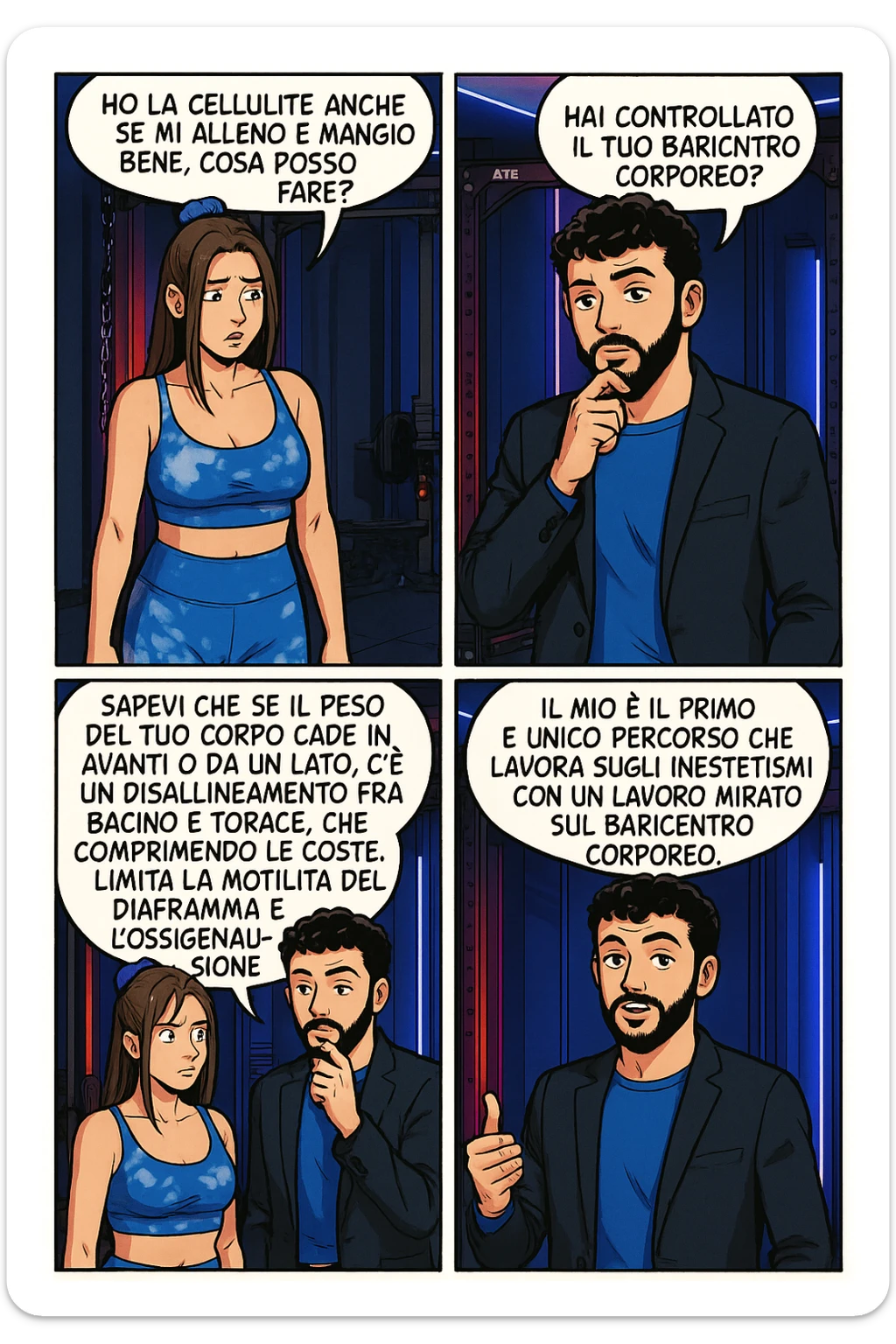 TRASFORMA QUESTO CAROSELLO IN UN FUMETTO STILE MANGA A COLORI CON QUESTE DUE PERSONE IDENTICHE CHE INTERLOQUISCONO TRA LORO:

LEI: Ho la cellulite anche se mi alleno e mangio bene, cosa posso fare?

LUI: Hai controllato il tuo baricentro corporeo?
LUI: Sapevi che se il peso del tuo corpo cade in avanti o da un lato, c’è un disallineamento fra bacino e torace, che comprimendo le coste, limita la motilità del diaframma e l’ossigenazione dei tessuti?
LUI: Il mio è il primo e unico percorso che lavora sugli inestetismi con un lavoro mirato sul baricentro corporeo. sticker